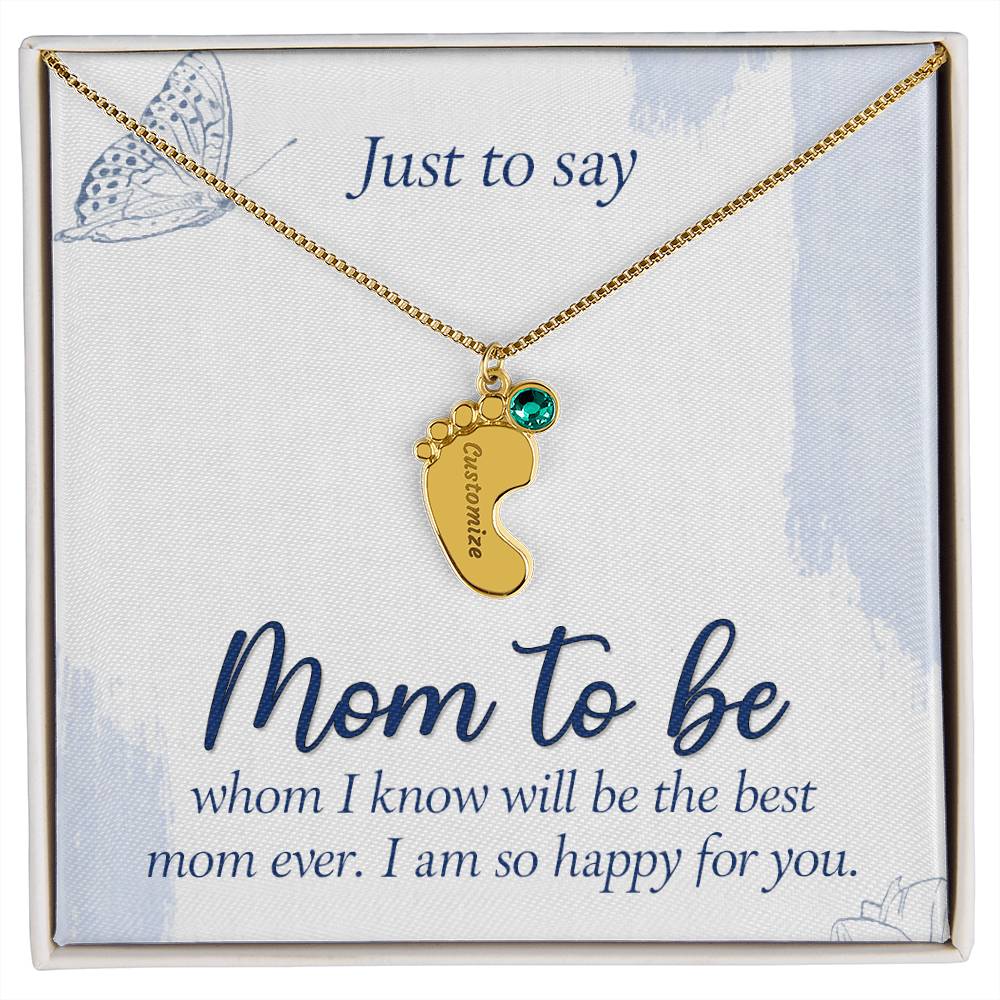 Engraved Baby Feet Necklace with Birthstone - Mom To Be