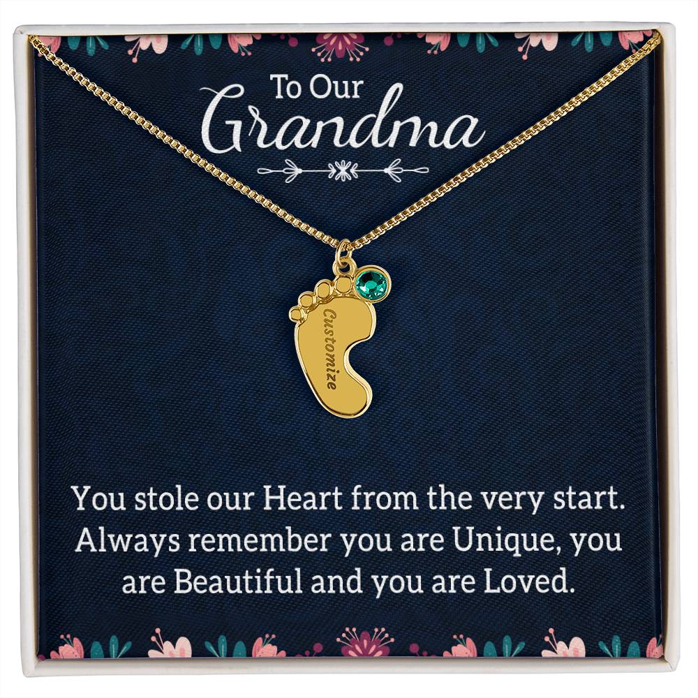Engraved Baby Feet Necklace with Birthstone -To Our Grandma
