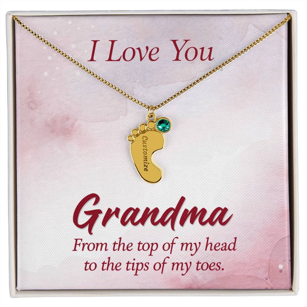 Engraved Baby Feet Necklace with Birthstone - I Love You Grandma