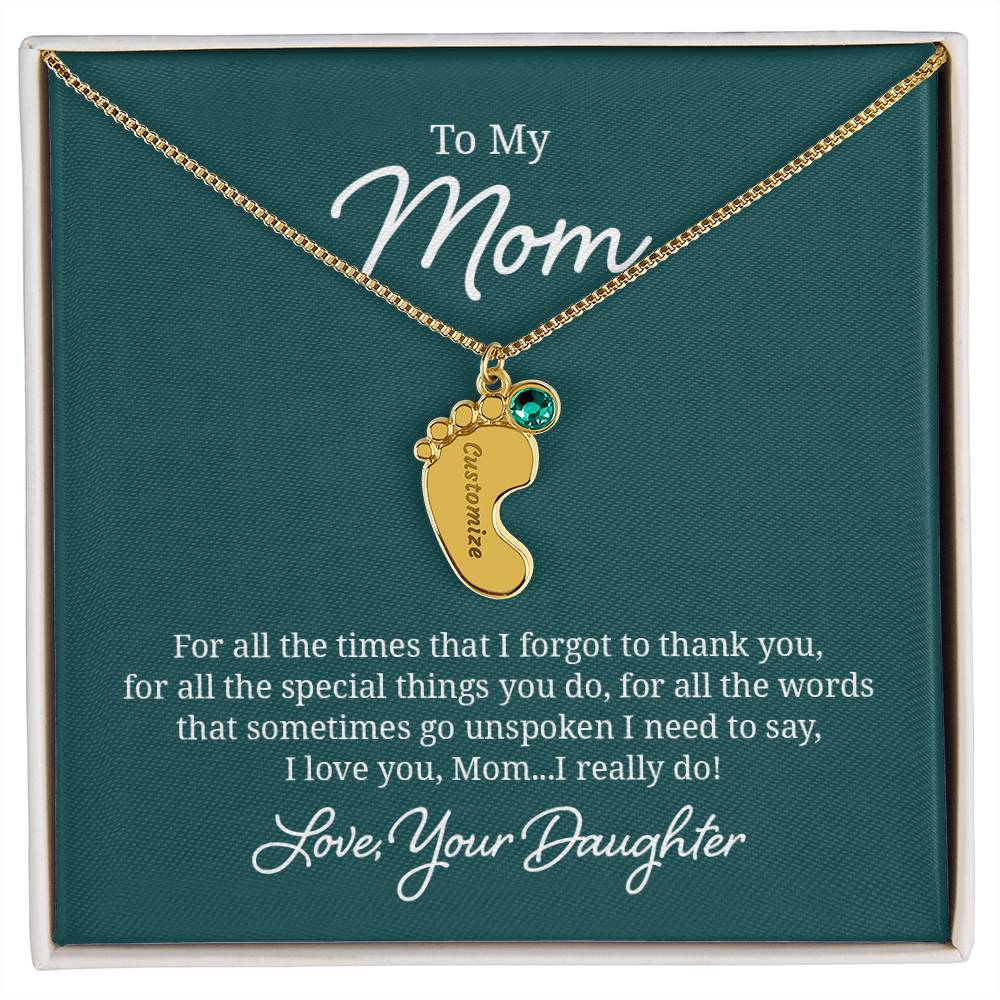 Engraved Baby Feet Necklace with Birthstone - I Love You Mom