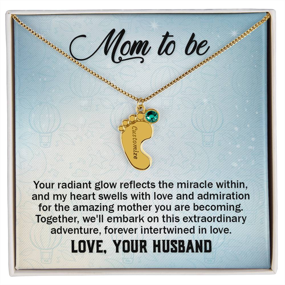 Engraved Baby Feet Necklace with Birthstone - Mom To Be