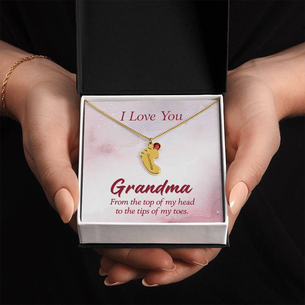 Engraved Baby Feet Necklace with Birthstone - I Love You Grandma