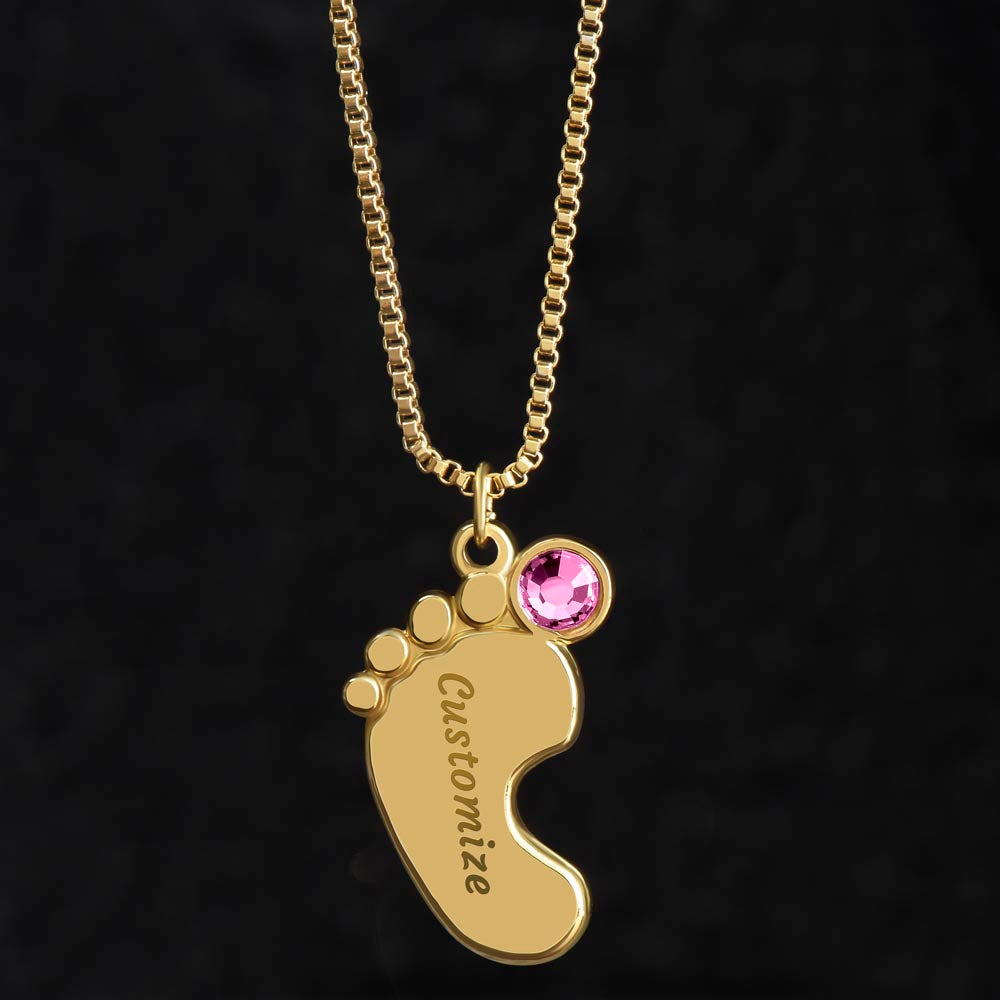 Engraved Baby Feet Necklace with Birthstone - I Love You Grandma