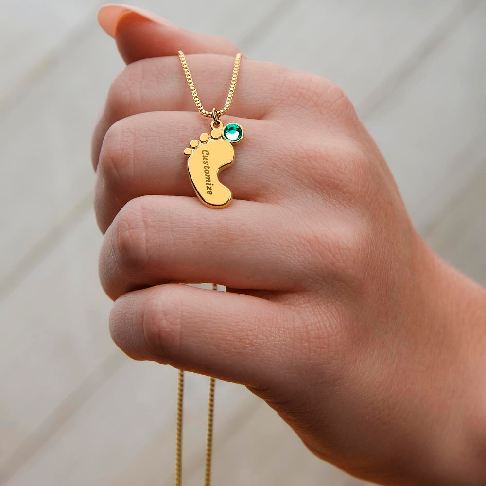 Engraved Baby Feet Necklace with Birthstone - I Love You Grandma