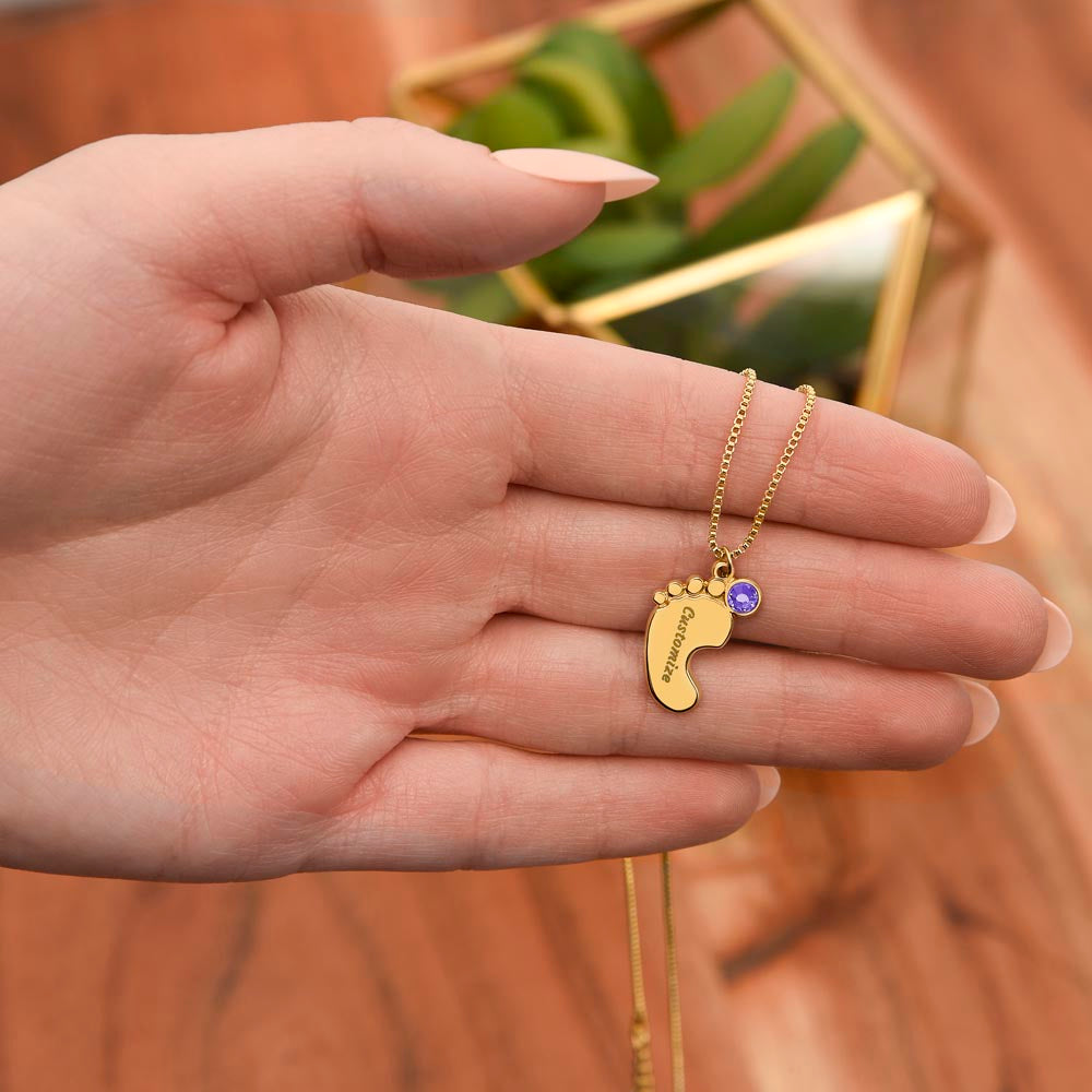 Engraved Baby Feet Necklace with Birthstone - I Love You Grandma