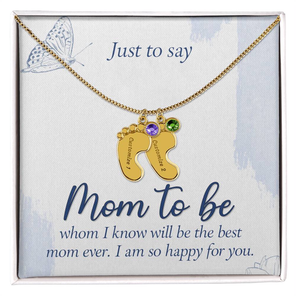 Engraved Baby Feet Necklace with Birthstone - Mom To Be