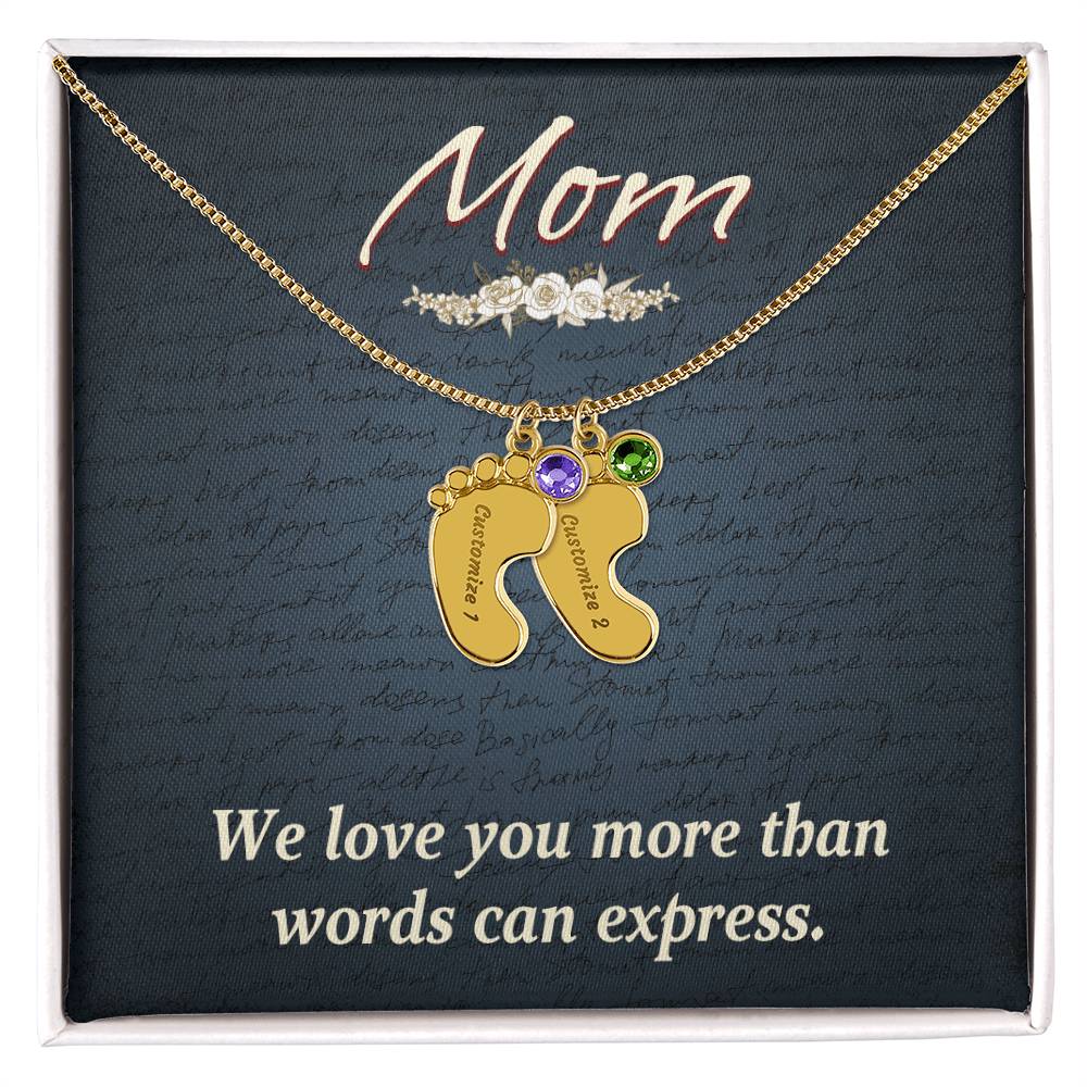 Engraved Baby Feet Necklace with Birthstone - Mom, We Love You