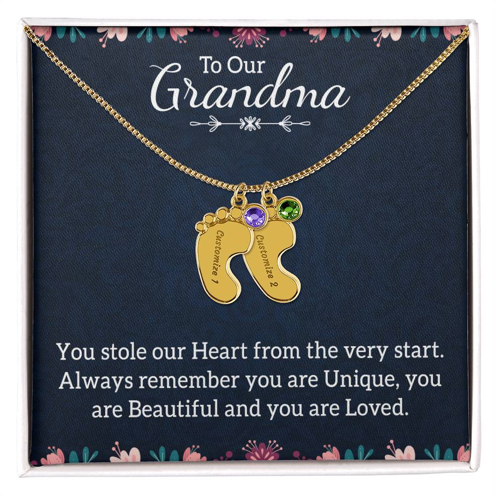 Engraved Baby Feet Necklace with Birthstone -To Our Grandma
