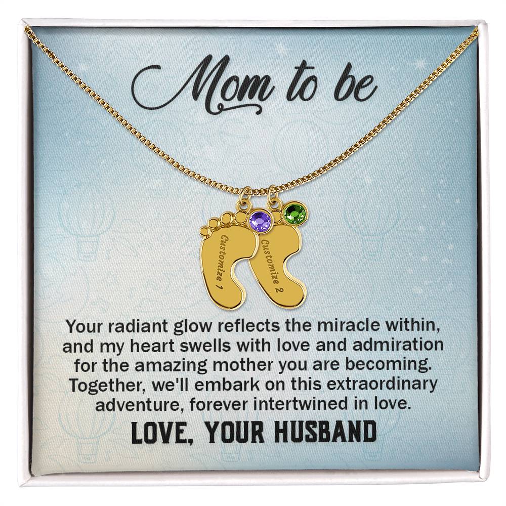 Engraved Baby Feet Necklace with Birthstone - Mom To Be