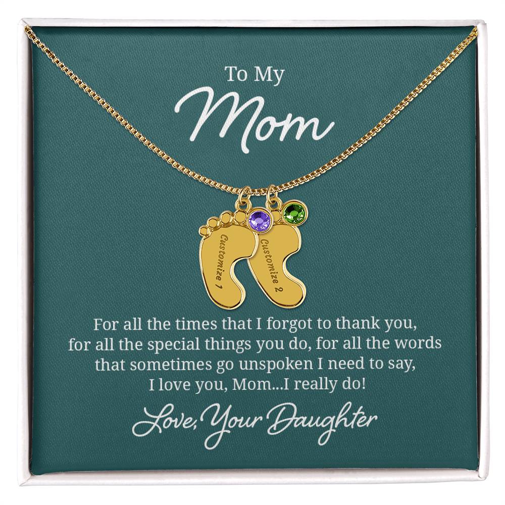 Engraved Baby Feet Necklace with Birthstone - I Love You Mom