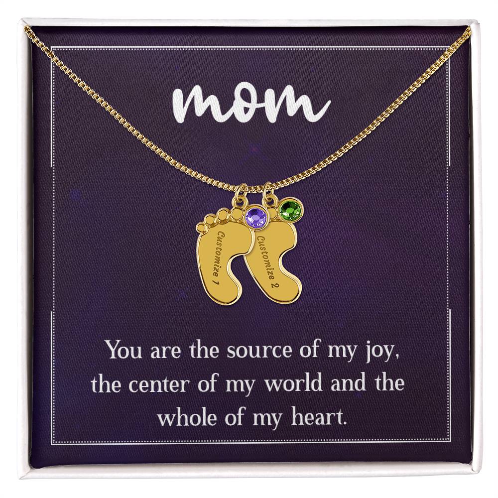Engraved Baby Feet Necklace with Birthstone - Mom, You Are The Source Of My Joy