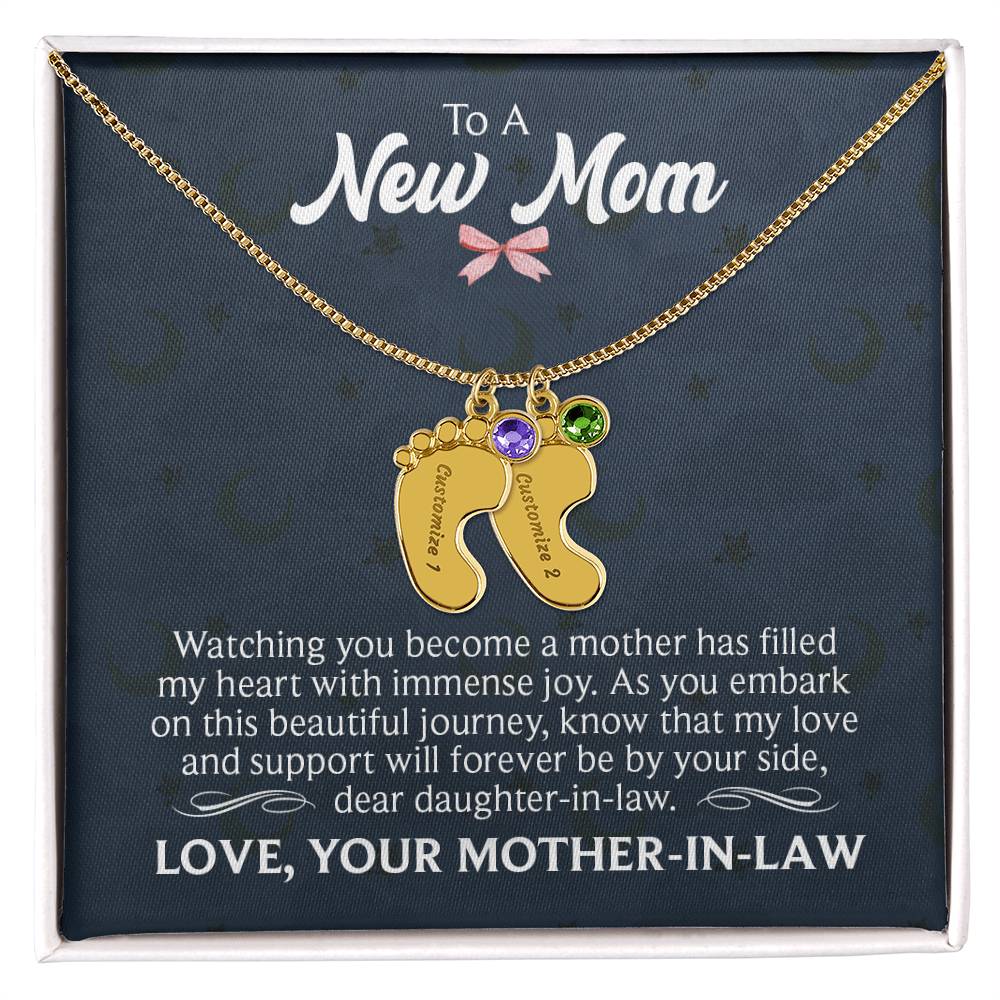 Engraved Baby Feet Necklace with Birthstone - To A New Mom