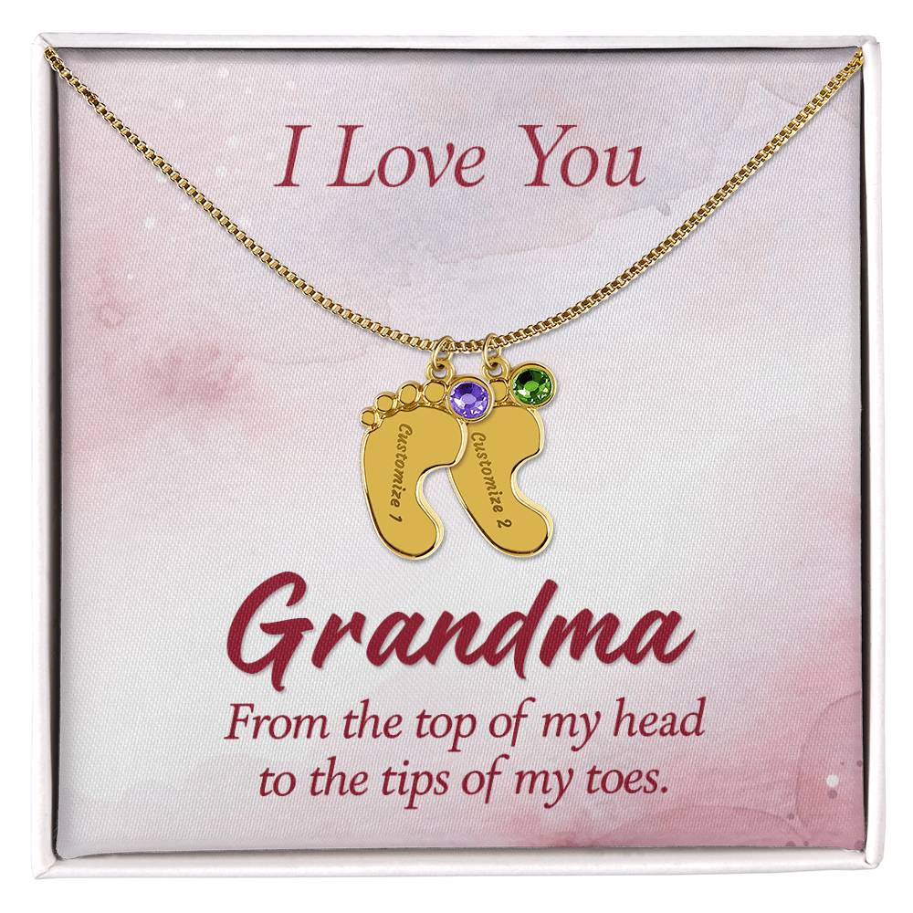Engraved Baby Feet Necklace with Birthstone - I Love You Grandma