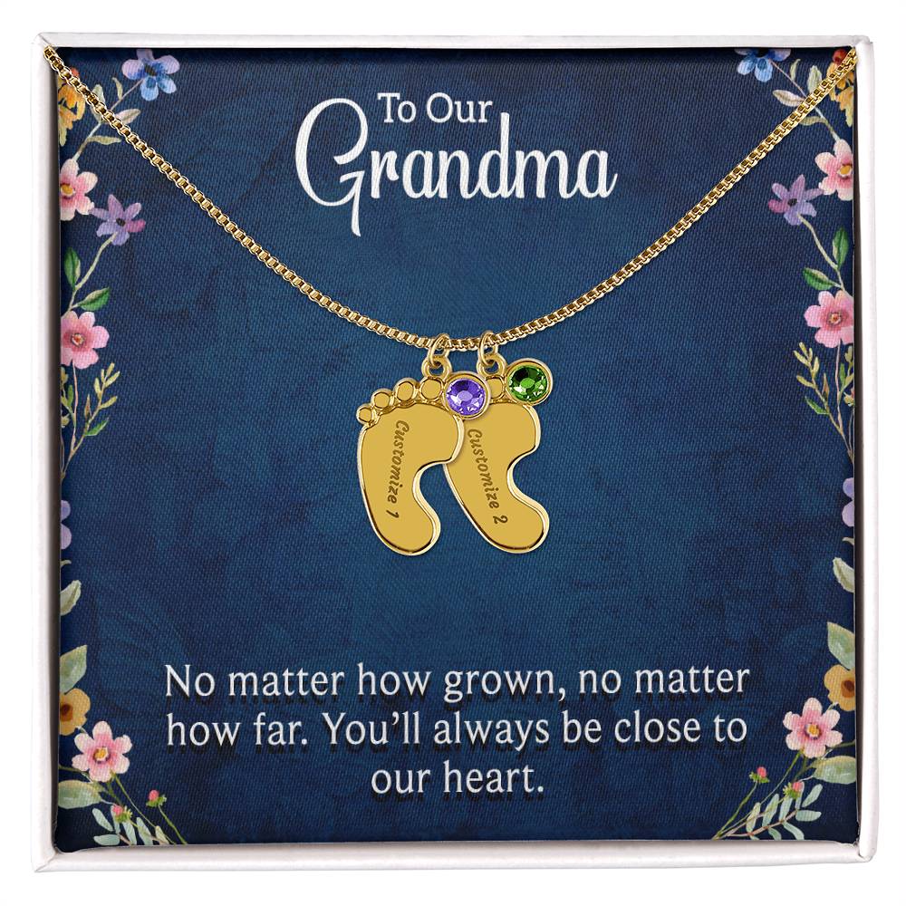 Engraved Baby Feet Necklace with Birthstone - To Our Grandma