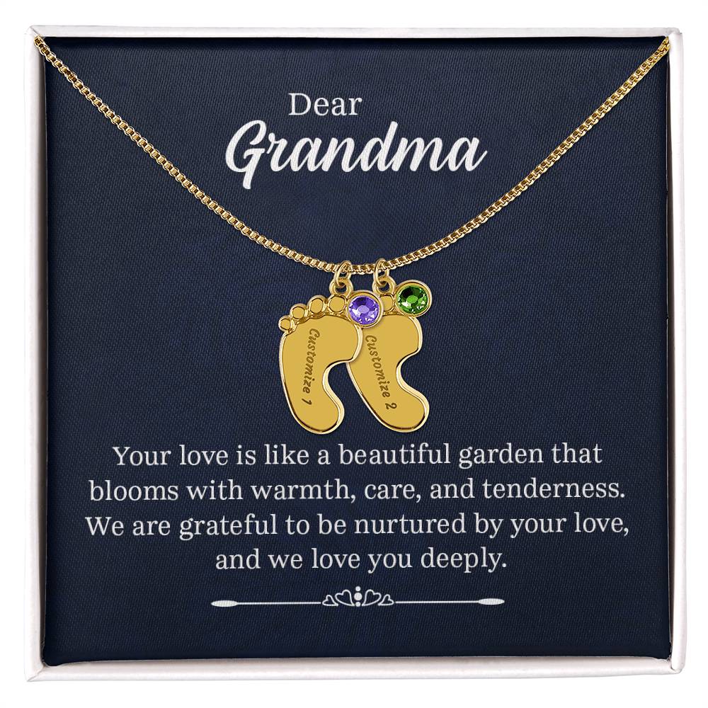 Engraved Baby Feet Necklace with Birthstone - Dear Grandma