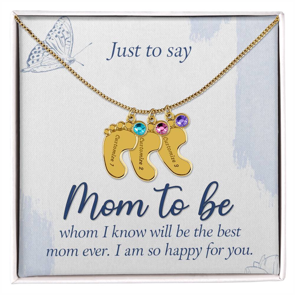 Engraved Baby Feet Necklace with Birthstone - Mom To Be