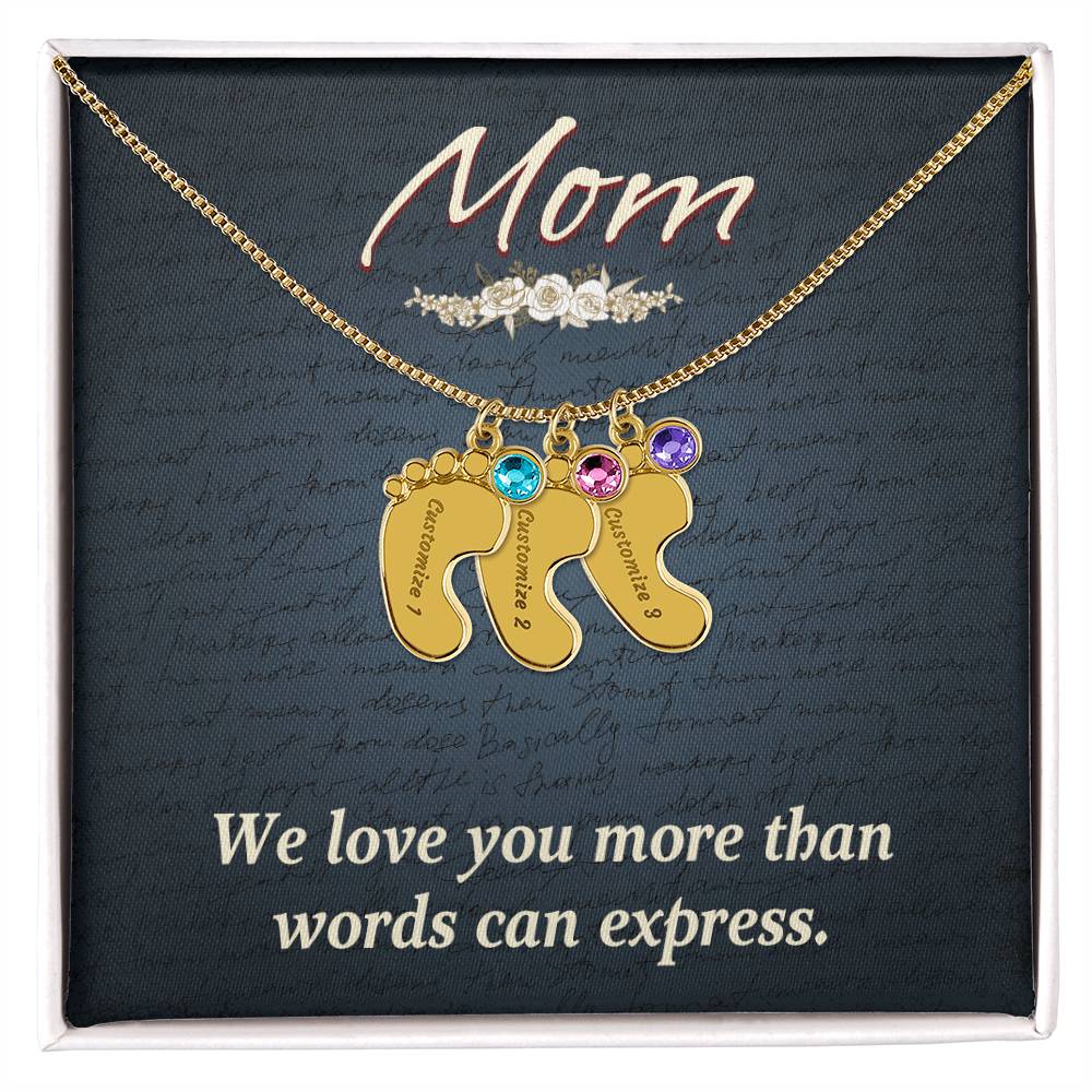 Engraved Baby Feet Necklace with Birthstone - Mom, We Love You