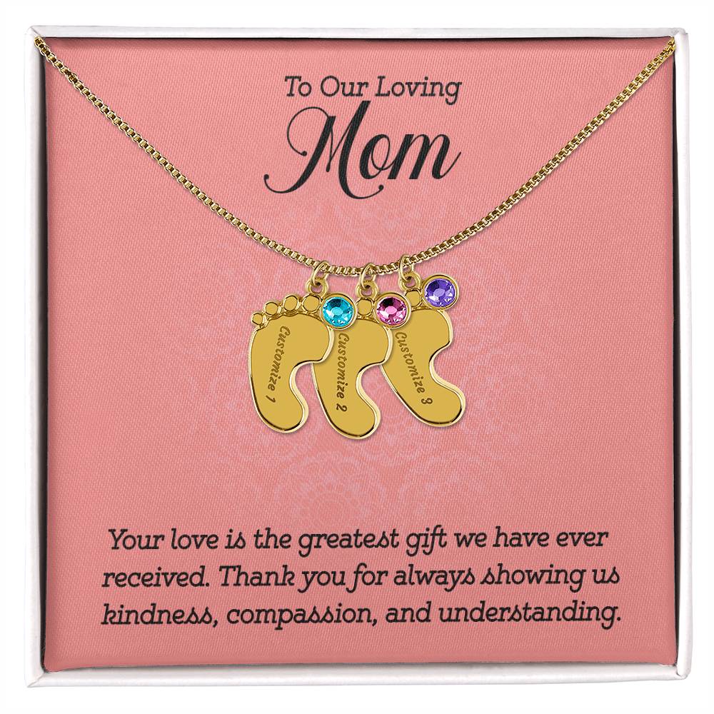 Engraved Baby Feet Necklace with Birthstone -To Our Loving Mom
