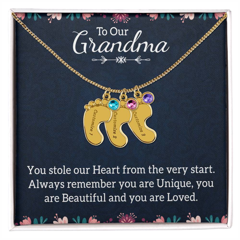 Engraved Baby Feet Necklace with Birthstone -To Our Grandma