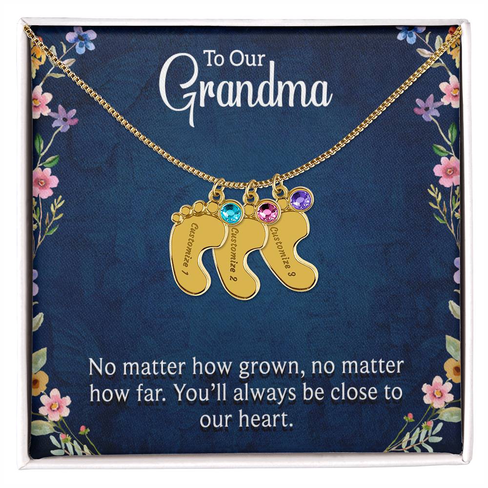 Engraved Baby Feet Necklace with Birthstone - To Our Grandma