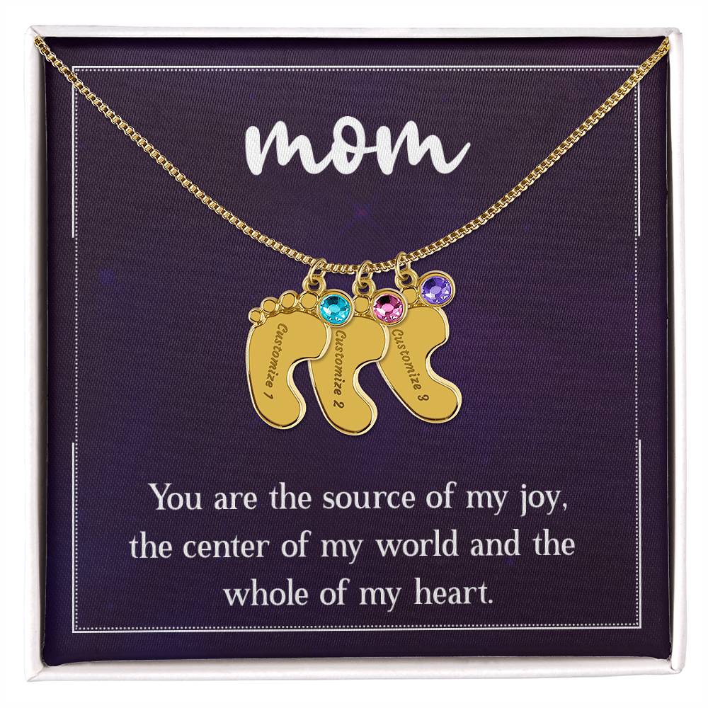 Engraved Baby Feet Necklace with Birthstone - Mom, You Are The Source Of My Joy