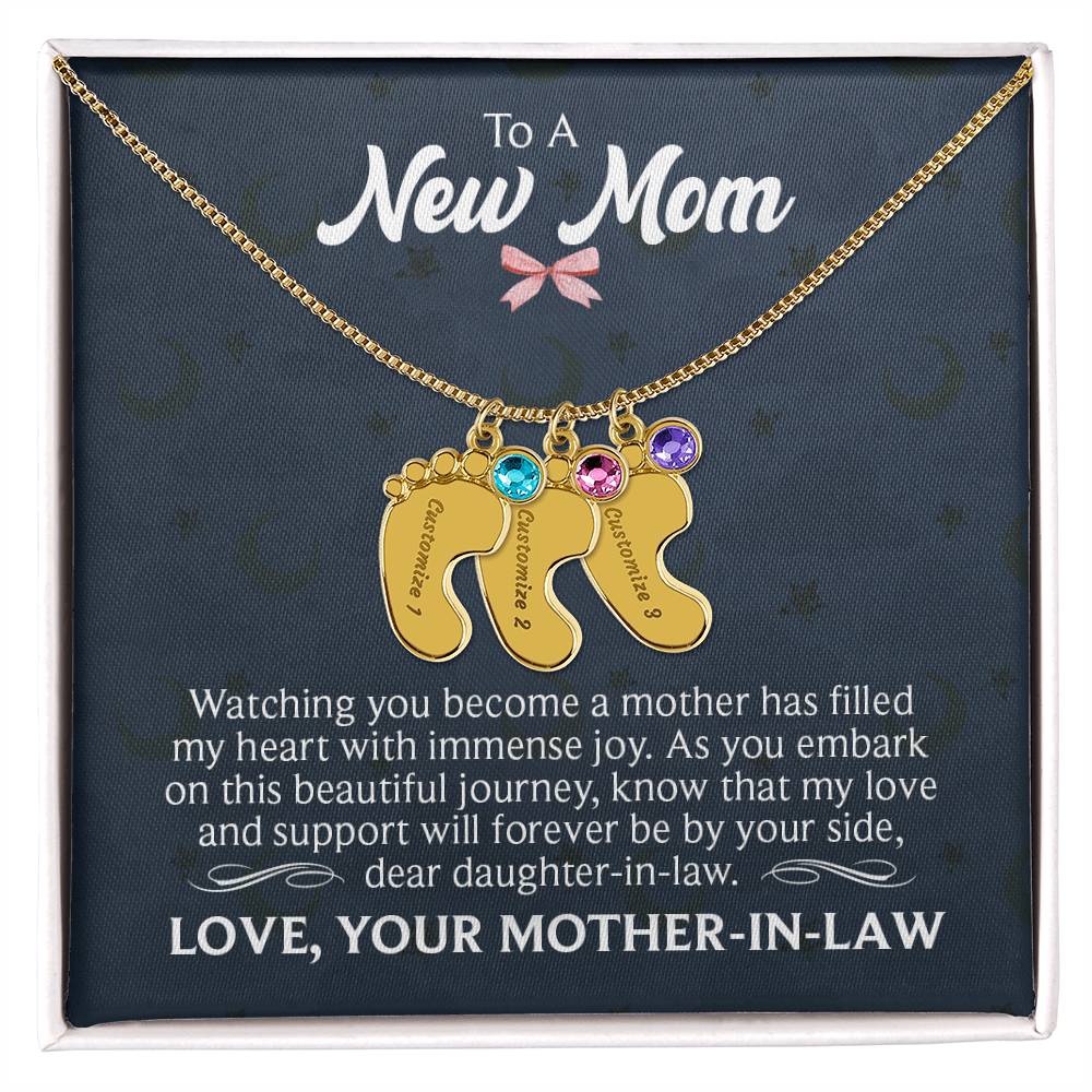 Engraved Baby Feet Necklace with Birthstone - To A New Mom
