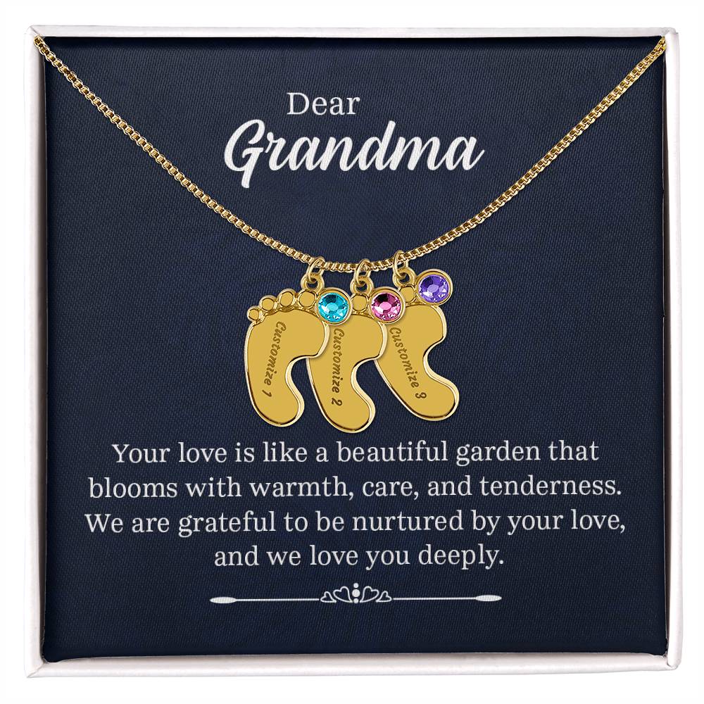 Engraved Baby Feet Necklace with Birthstone - Dear Grandma