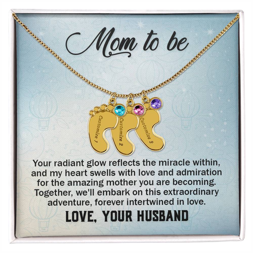 Engraved Baby Feet Necklace with Birthstone - Mom To Be