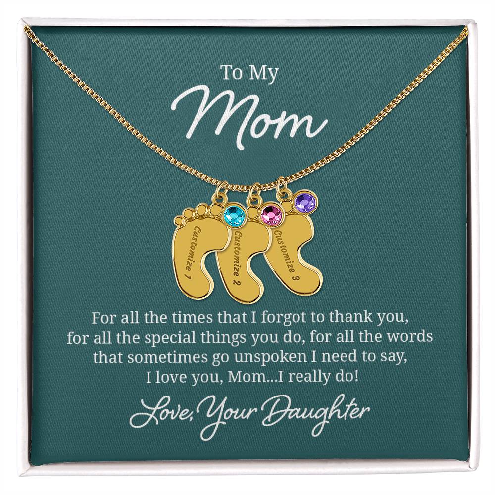 Engraved Baby Feet Necklace with Birthstone - I Love You Mom