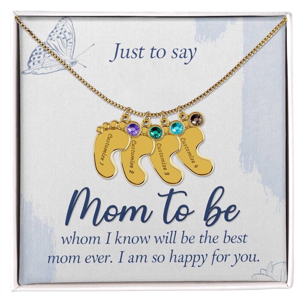 Engraved Baby Feet Necklace with Birthstone - Mom To Be