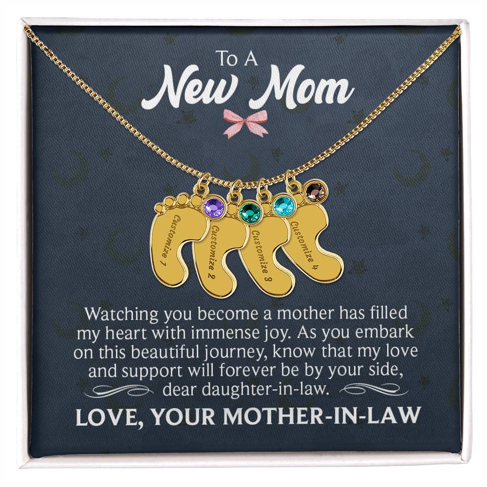 Engraved Baby Feet Necklace with Birthstone - To A New Mom