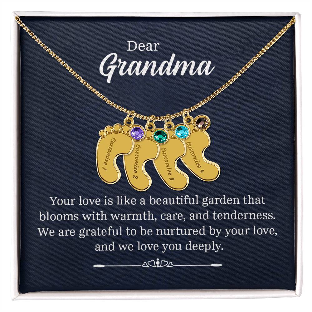 Engraved Baby Feet Necklace with Birthstone - Dear Grandma