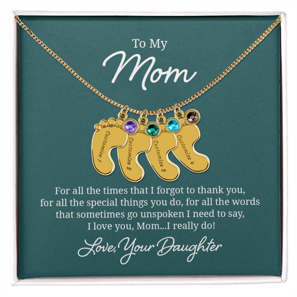 Engraved Baby Feet Necklace with Birthstone - I Love You Mom