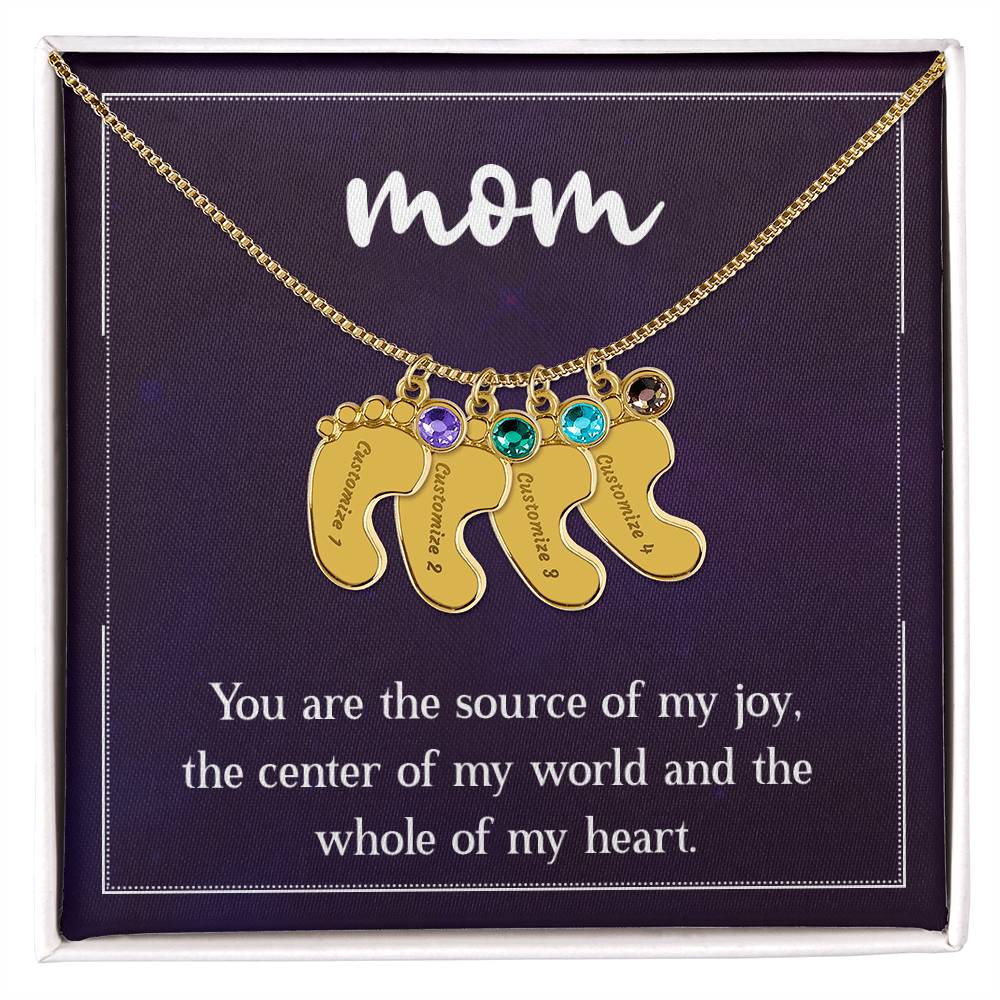 Engraved Baby Feet Necklace with Birthstone - Mom, You Are The Source Of My Joy