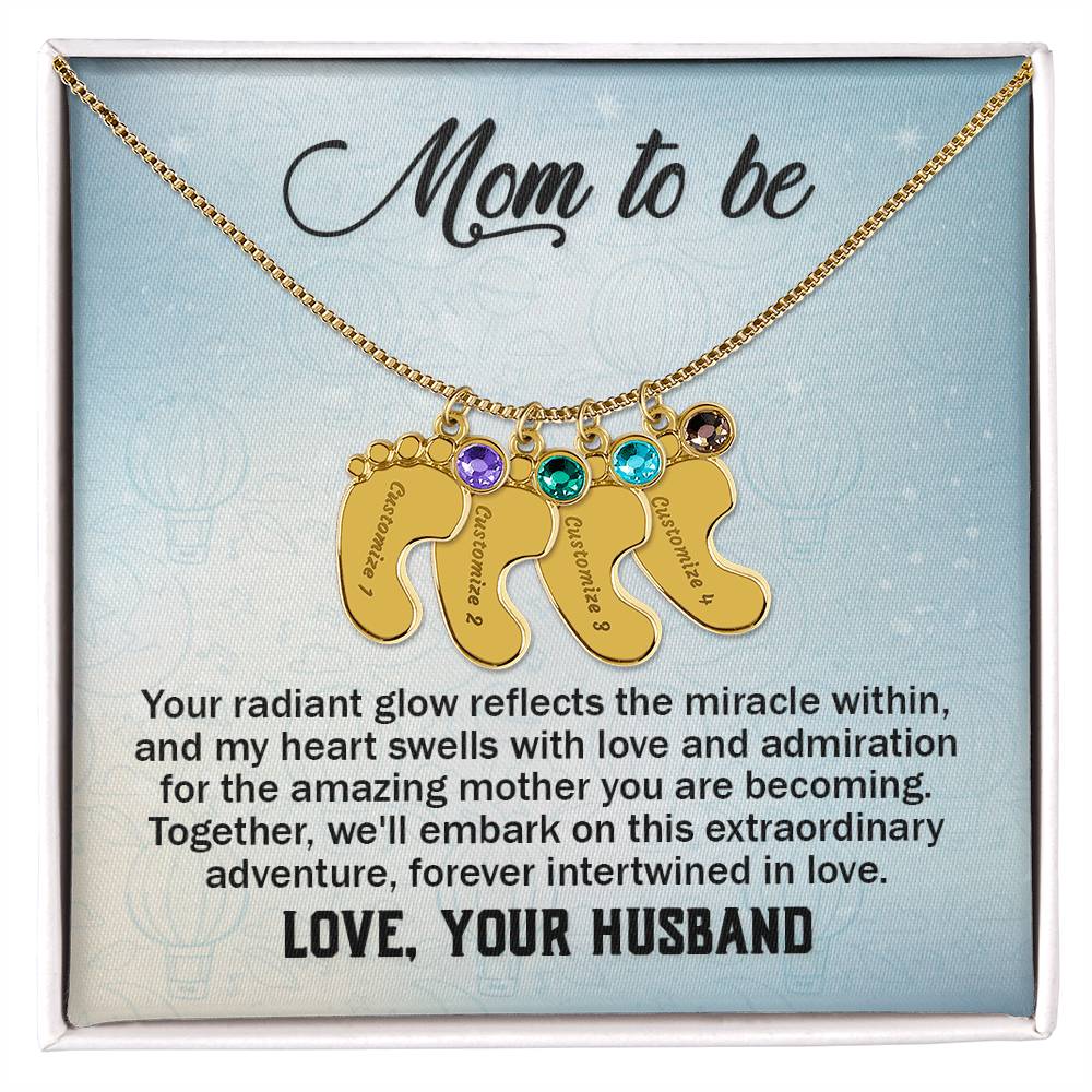 Engraved Baby Feet Necklace with Birthstone - Mom To Be