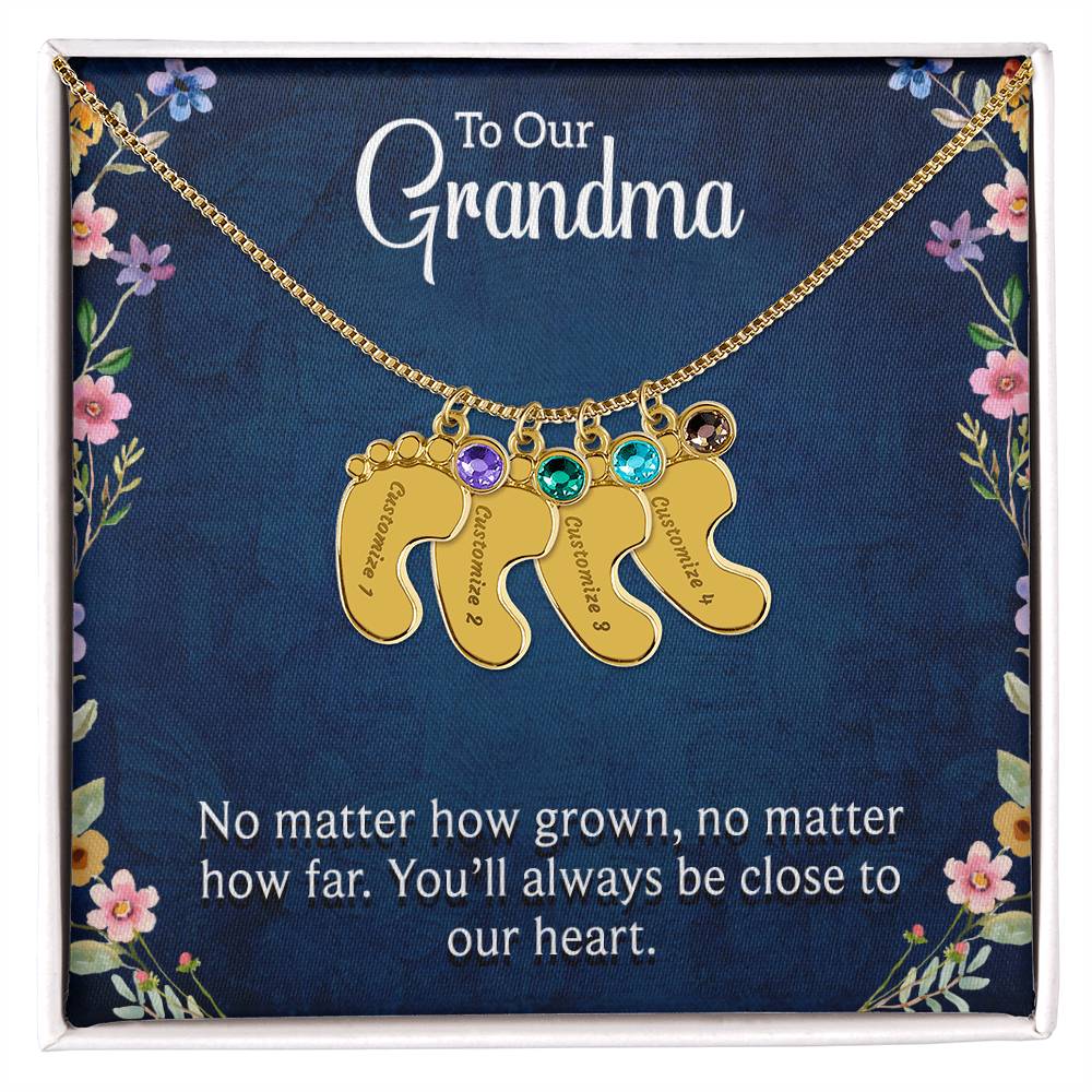 Engraved Baby Feet Necklace with Birthstone - To Our Grandma