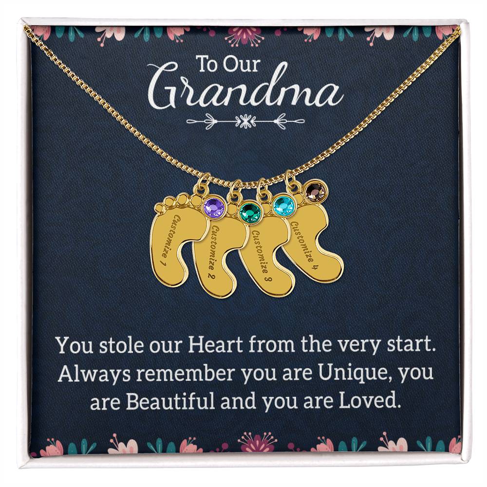 Engraved Baby Feet Necklace with Birthstone -To Our Grandma