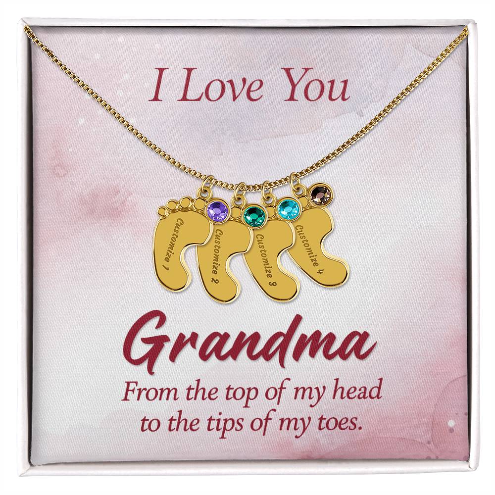 Engraved Baby Feet Necklace with Birthstone - I Love You Grandma
