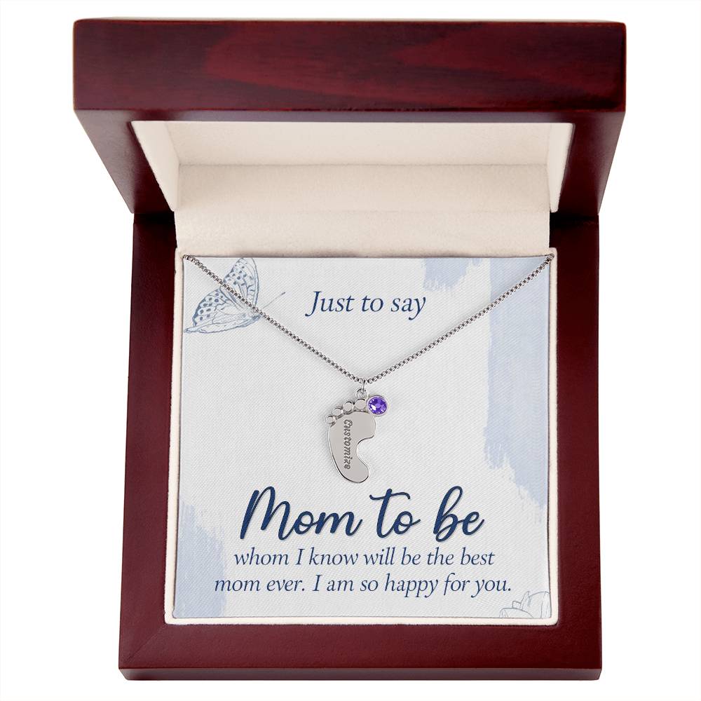 Engraved Baby Feet Necklace with Birthstone - Mom To Be