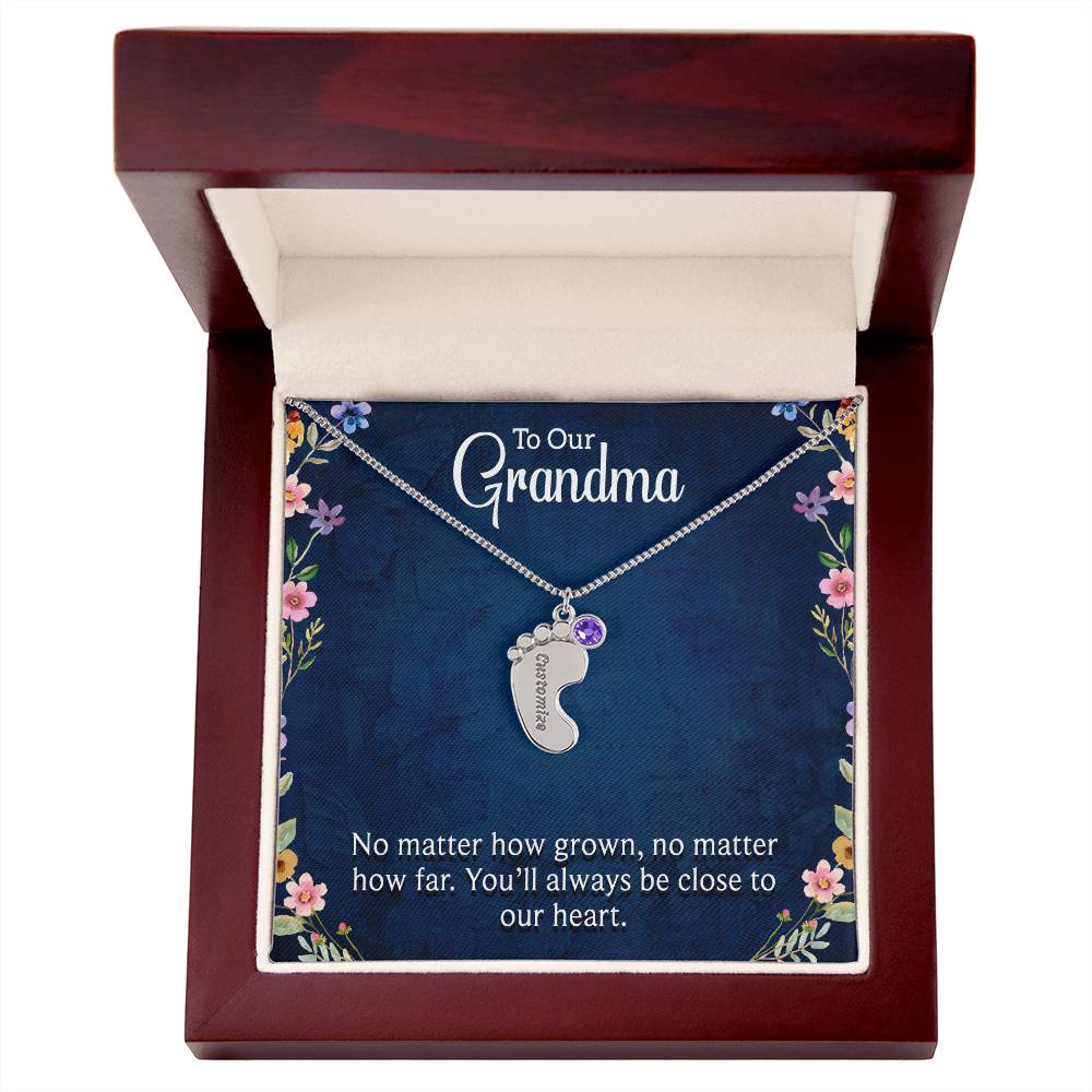 Engraved Baby Feet Necklace with Birthstone - To Our Grandma
