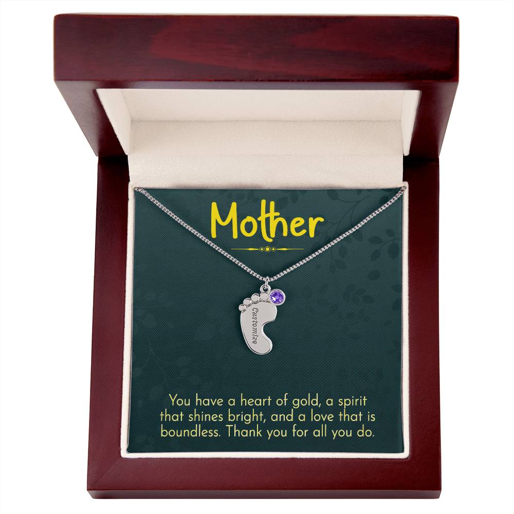 Engraved Baby Feet Necklace with Birthstone - Mom, Thank You for All You Do