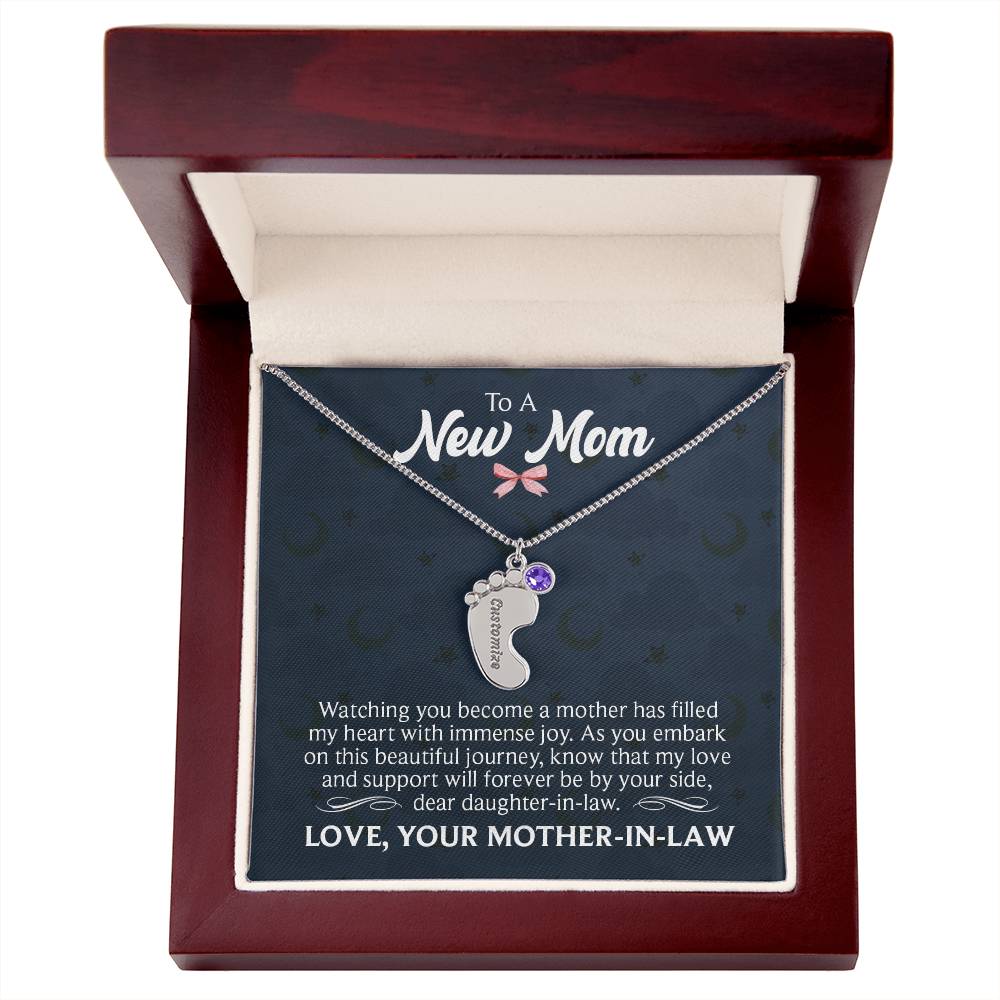 Engraved Baby Feet Necklace with Birthstone - To A New Mom