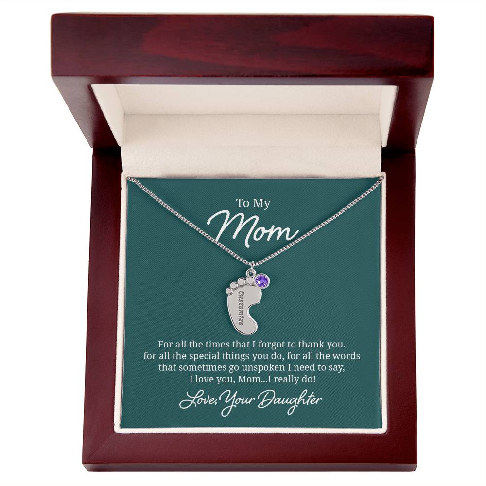 Engraved Baby Feet Necklace with Birthstone - I Love You Mom