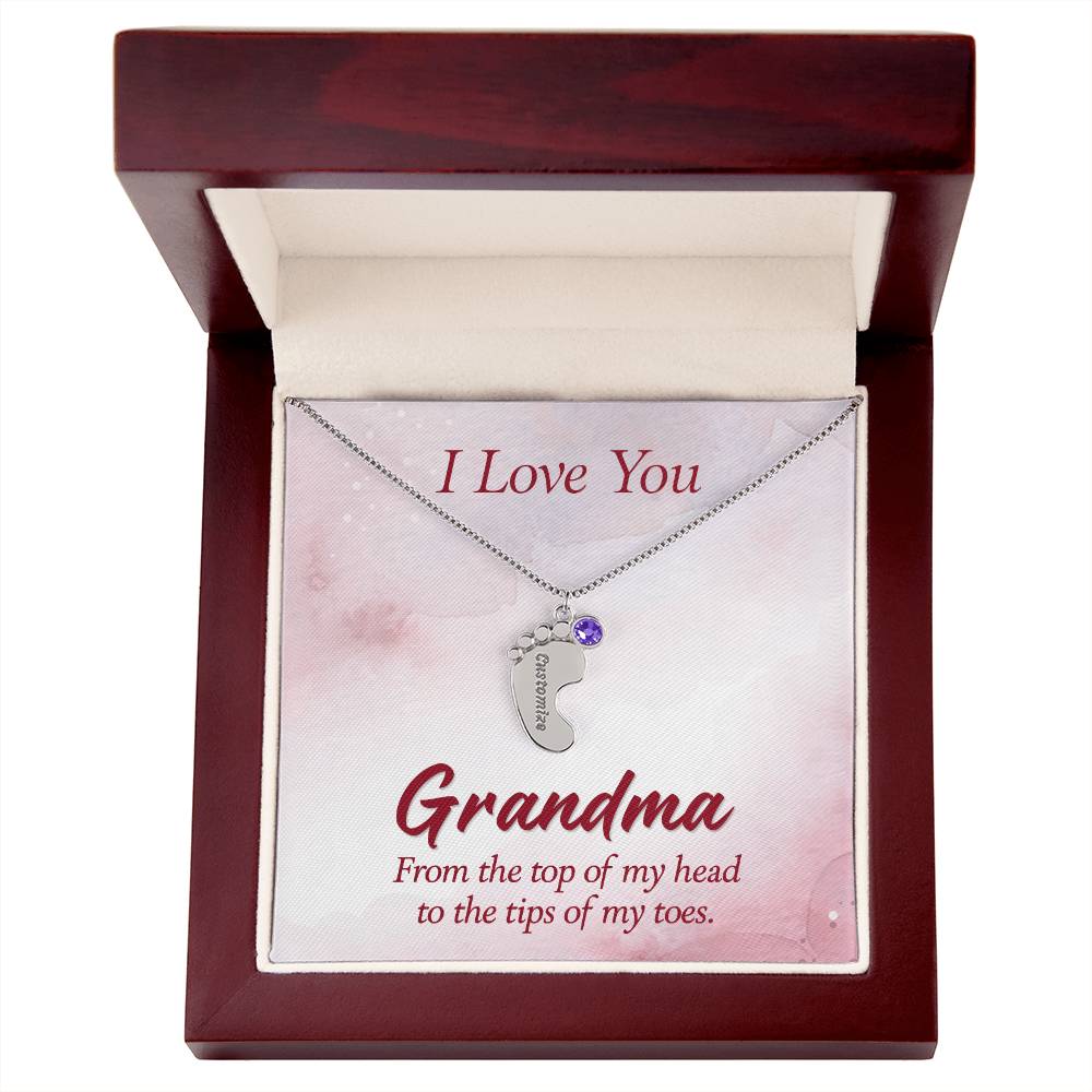 Engraved Baby Feet Necklace with Birthstone - I Love You Grandma