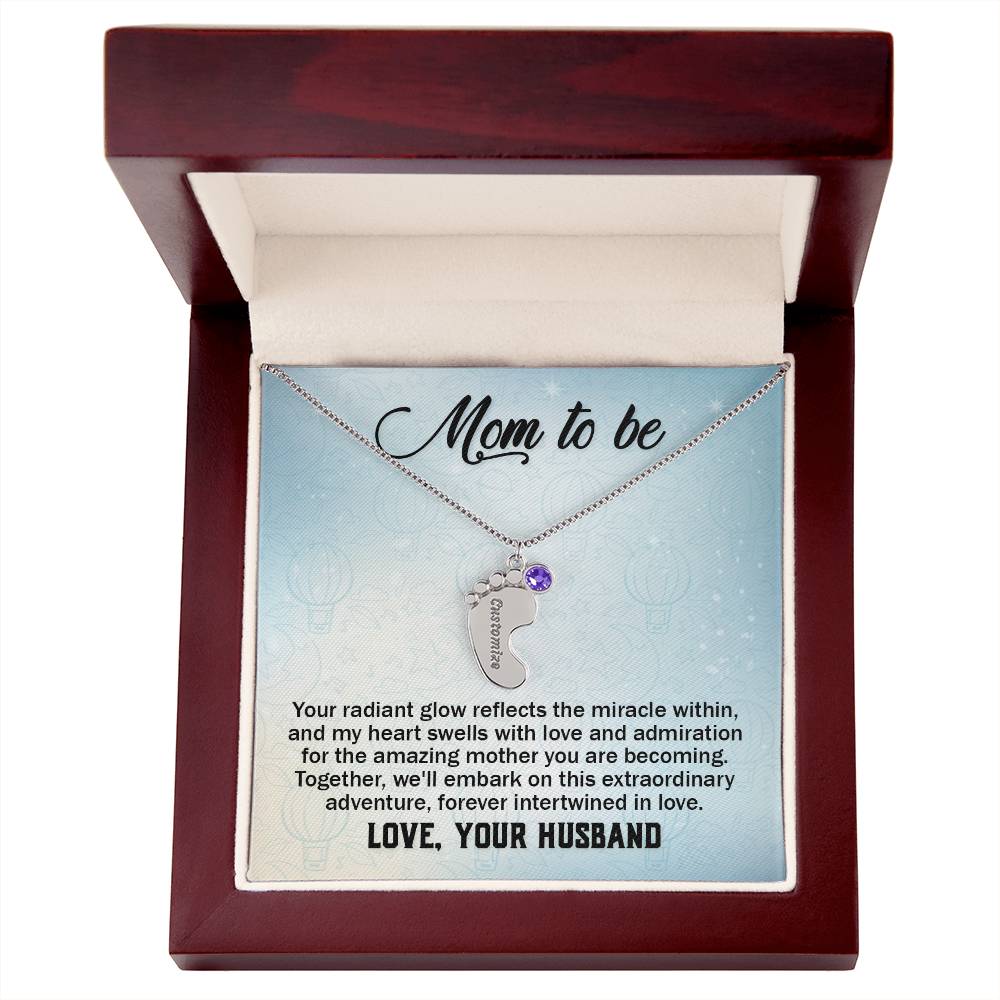 Engraved Baby Feet Necklace with Birthstone - Mom To Be