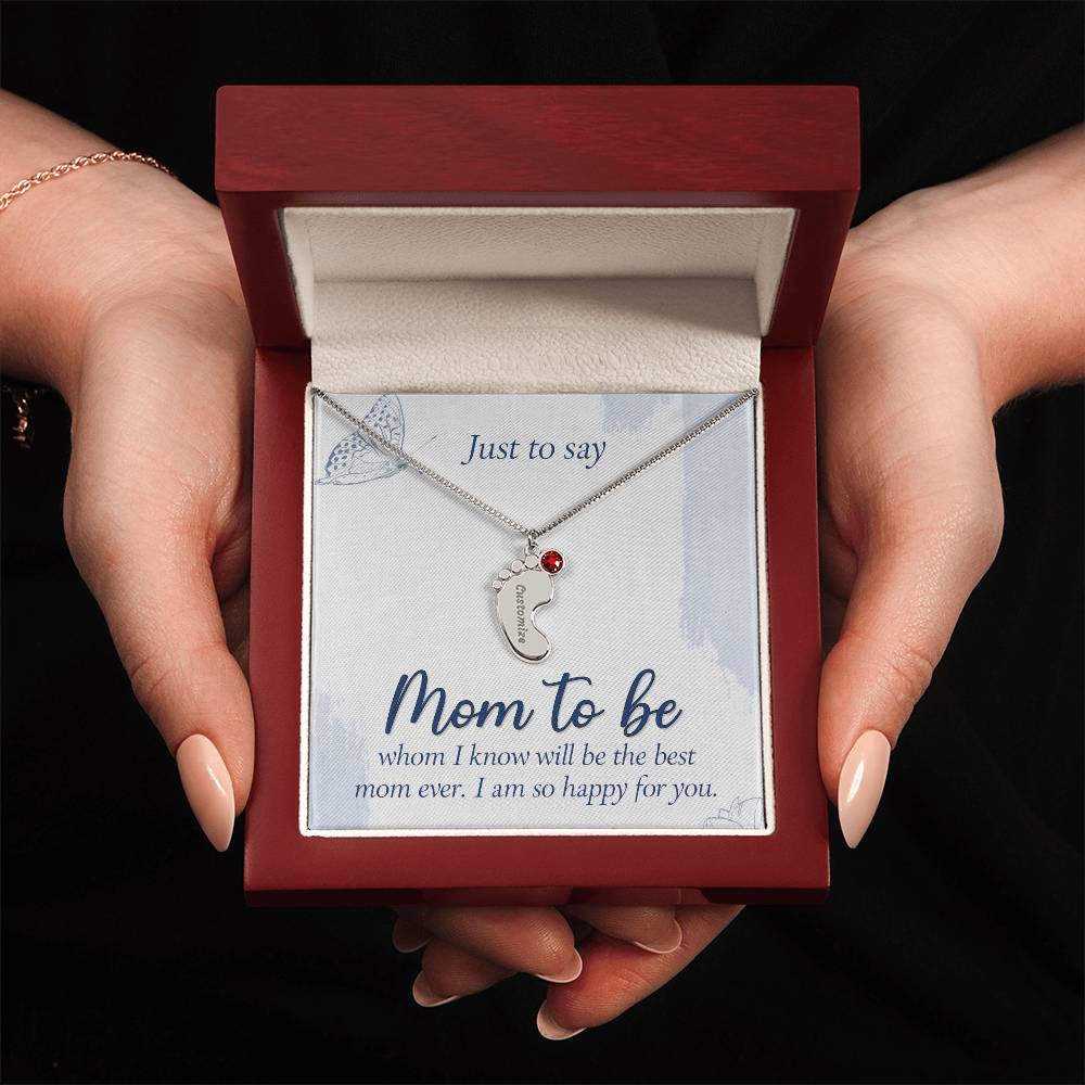 Engraved Baby Feet Necklace with Birthstone - Mom To Be