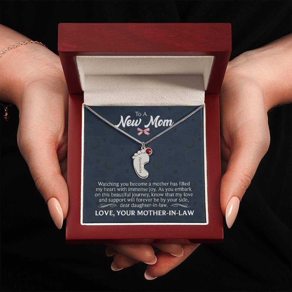 Engraved Baby Feet Necklace with Birthstone - To A New Mom