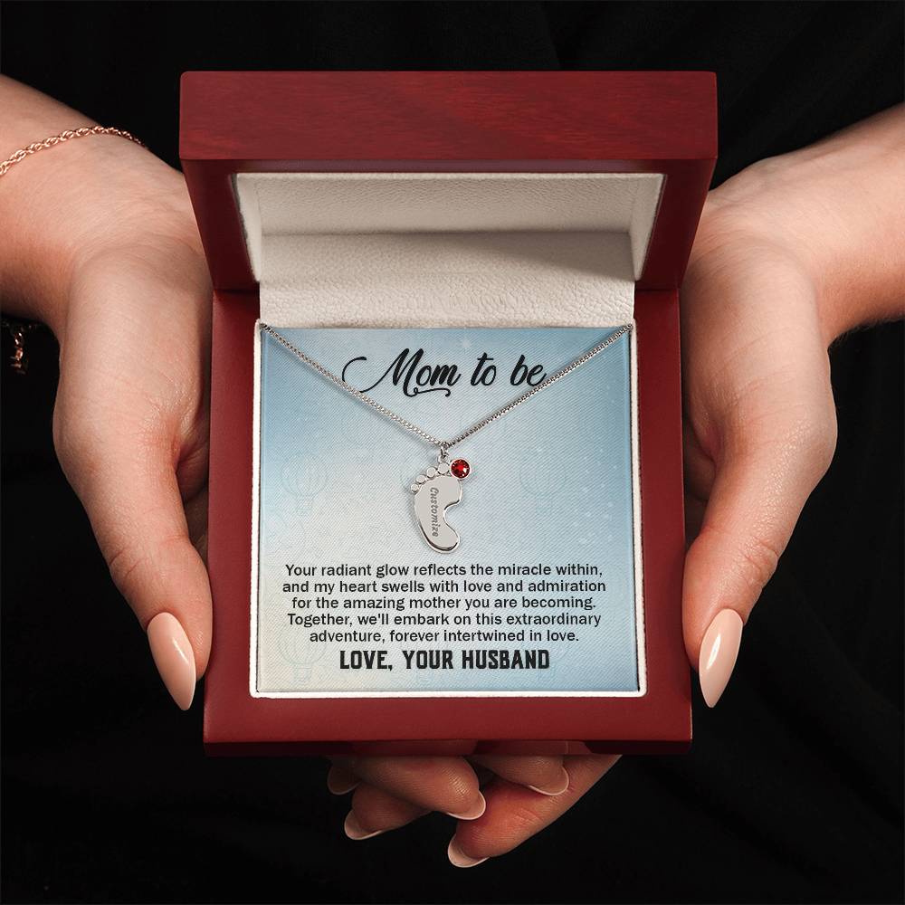 Engraved Baby Feet Necklace with Birthstone - Mom To Be