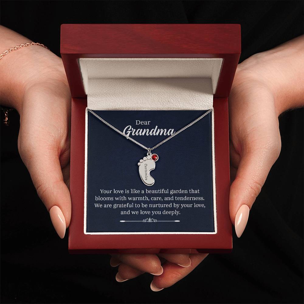 Engraved Baby Feet Necklace with Birthstone - Dear Grandma