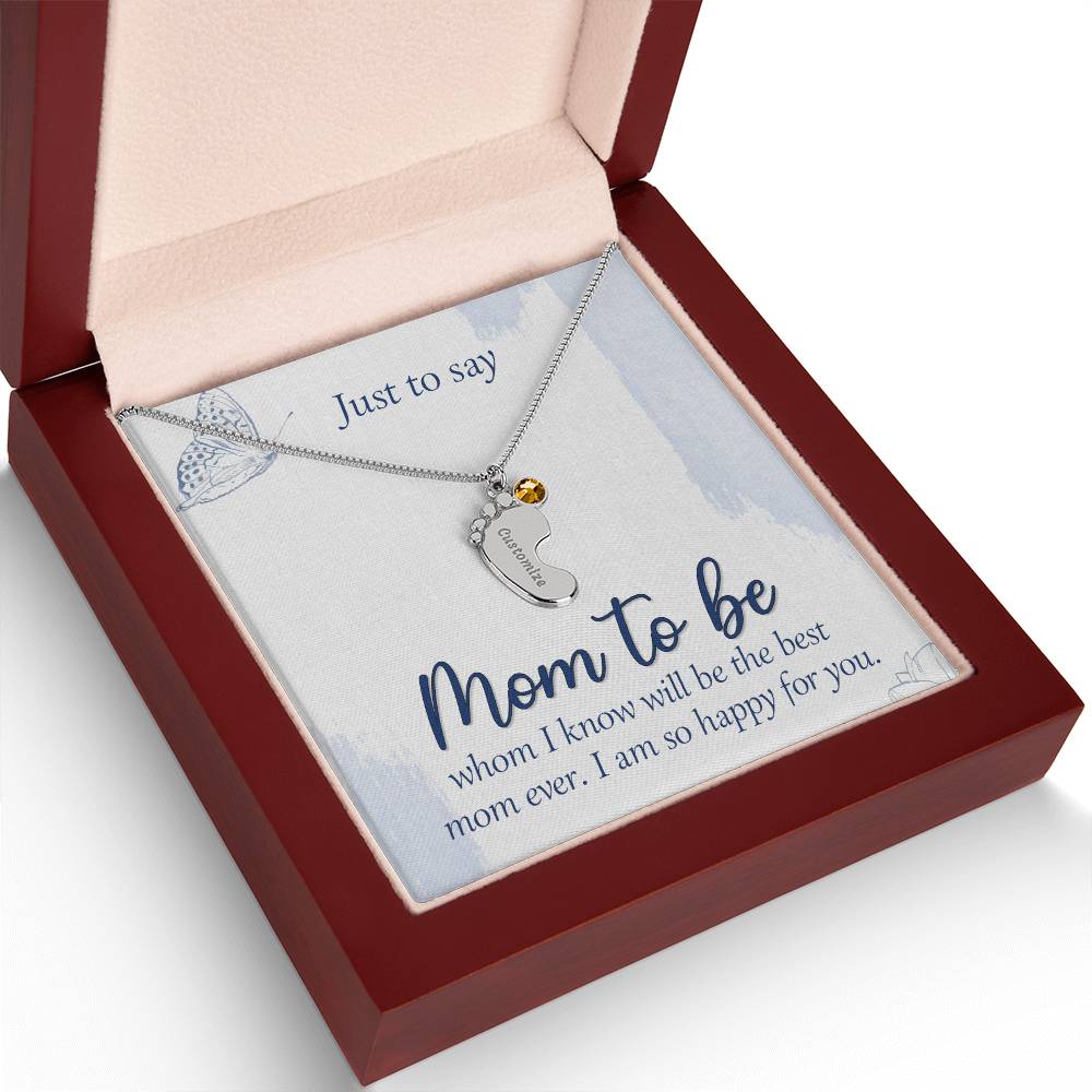 Engraved Baby Feet Necklace with Birthstone - Mom To Be